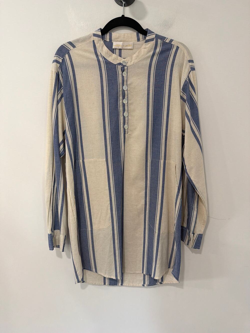 Natalie Martin Shift Dress Blue Cream Stripe Linen Blend Size S